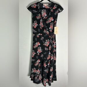 Magnolia Skye Black Floral Midi Wrap Dress Size XL